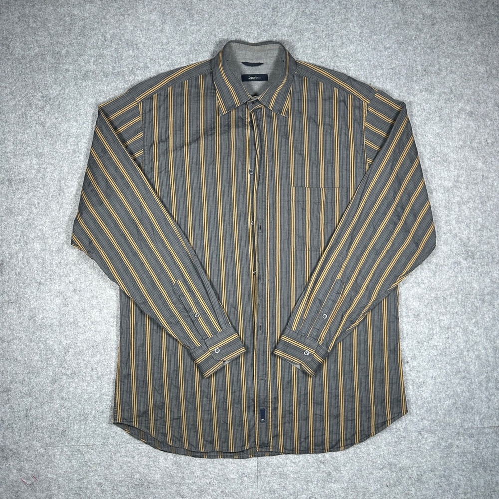 Zegna Sport button down Shirt Mens XXL Grey Yellow Striped cotton box fit luxury